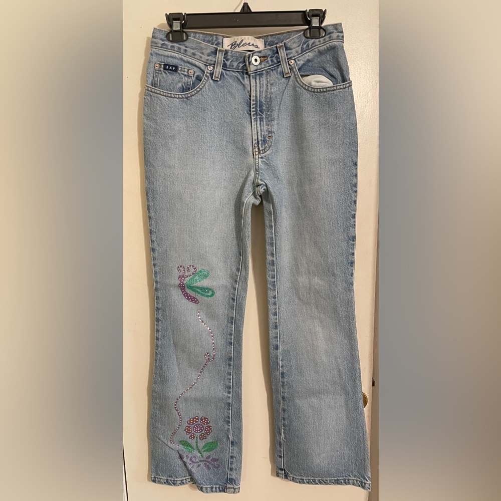 Vintage OOAK Hand-painted “Express Blues” Flareleg Jeans Size 5/6Short